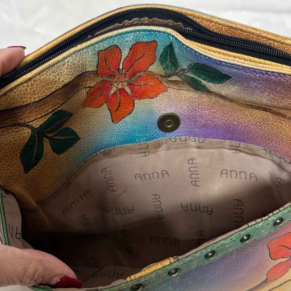Anna Hand Painted Leather Crossbody Messenger Flap Bag with built in wallet like - Picture 13 of 16